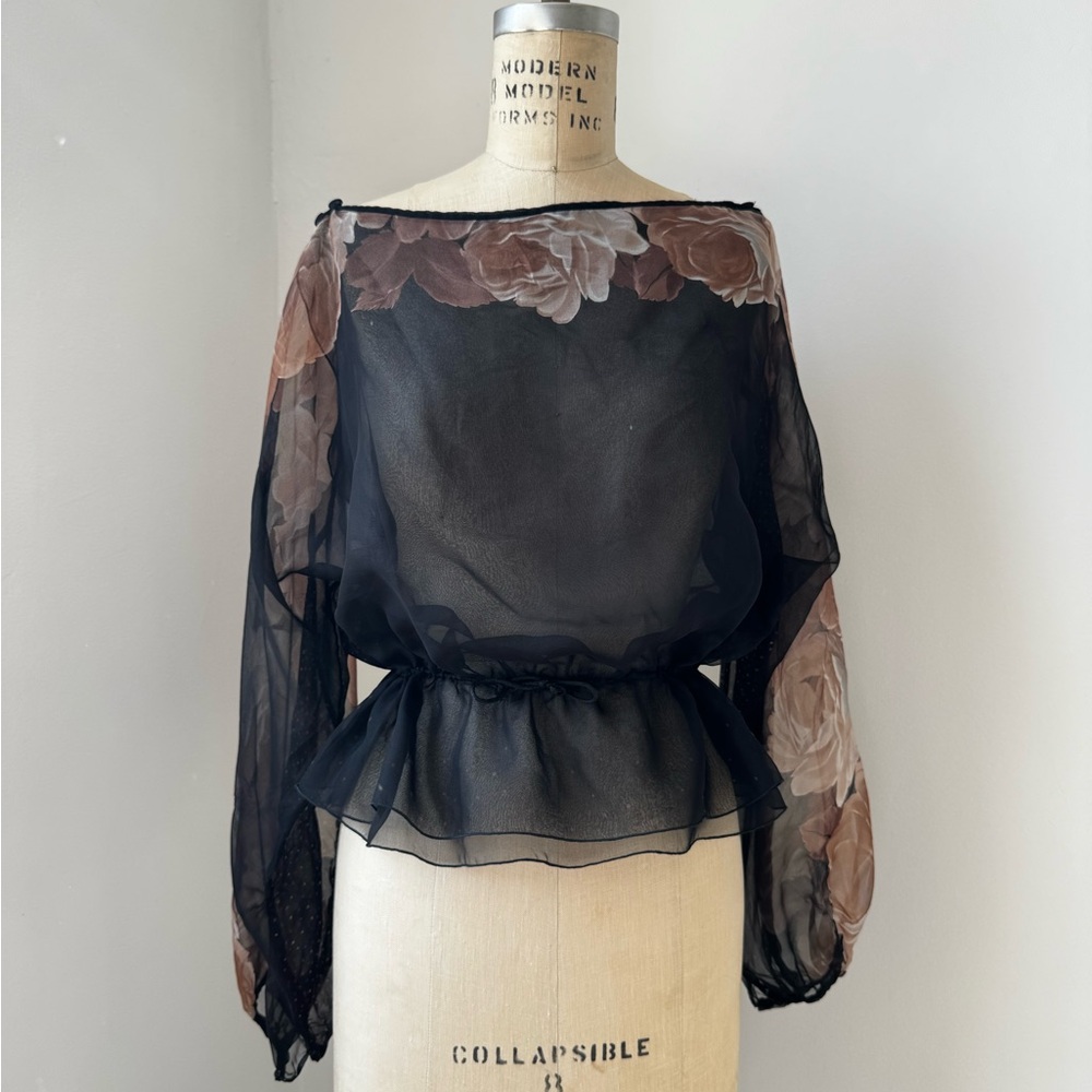 Vintage Black Sheer Floral Peplum  Blouse S/M